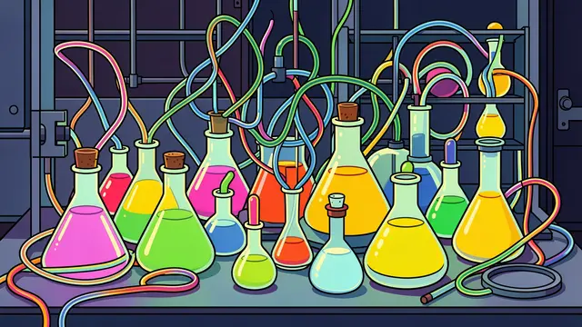 A crowded lab bench holds colorful unmarked flasks tangled with coiled glass tubing in bold retro illustration style.