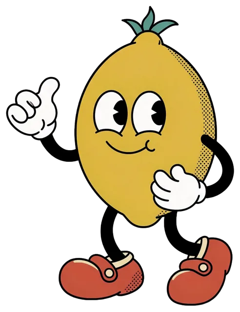 A 1930s rubber hose cartoon lemon mascot struts and waves with a friendly smile