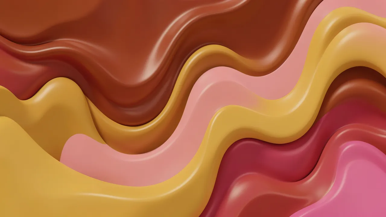 Smooth flowing glossy wavy forms in rust, mustard yellow and soft pink create a retro abstract backdrop