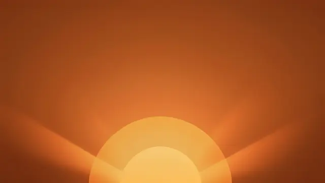 A stylized half sun with soft rays rises from the bottom edge of a warm 70s orange gradient background with empty upper space
