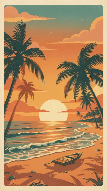 Vintage 70s style illustration of a tropical palm beach at orange and teal sunset with a small beached boat