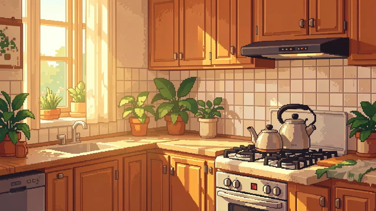 16-bit pixel art cozy sunlit kitchen with potted plants and kettles on a gas stove