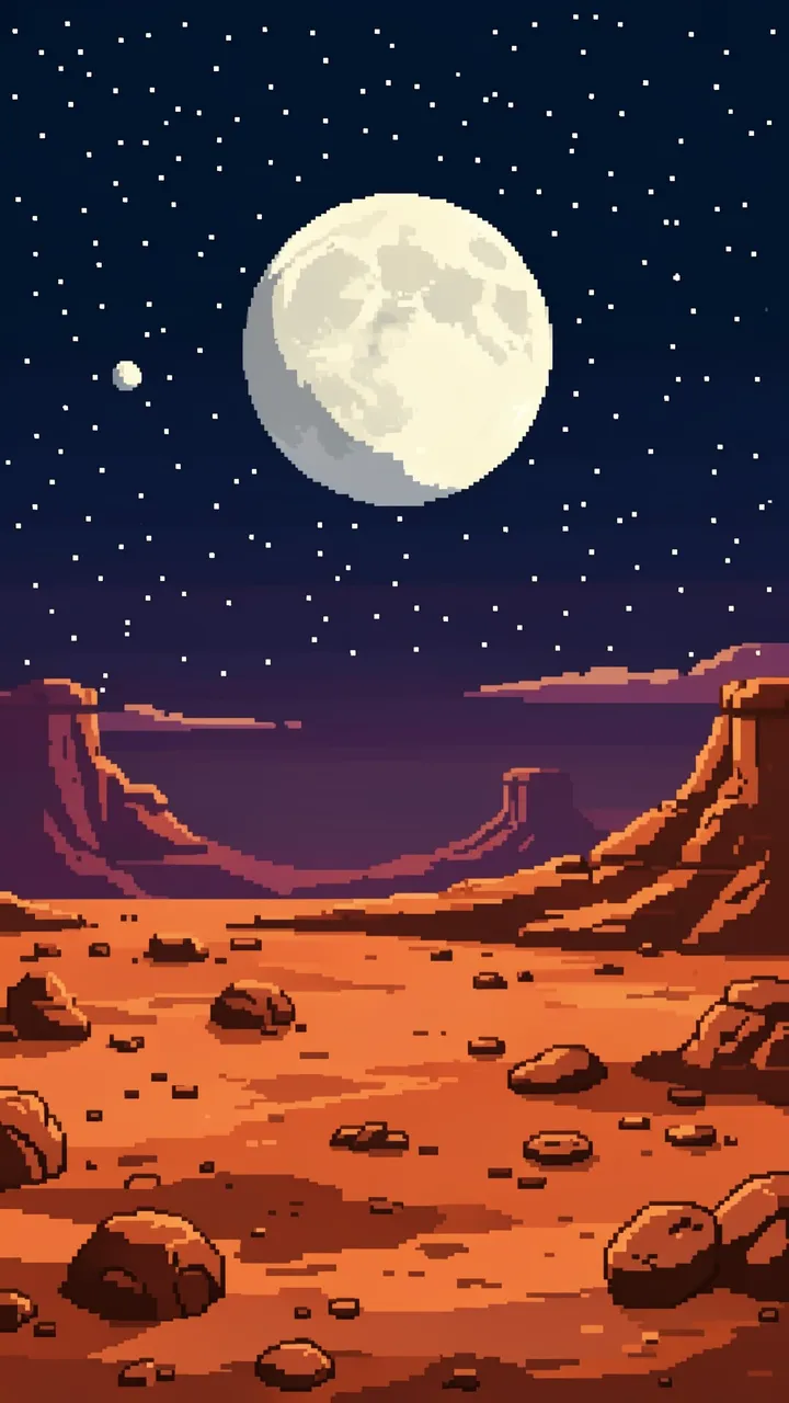 16-bit pixel art vertical scene of a rusty desert planet horizon under a starry sky with a large pale moon