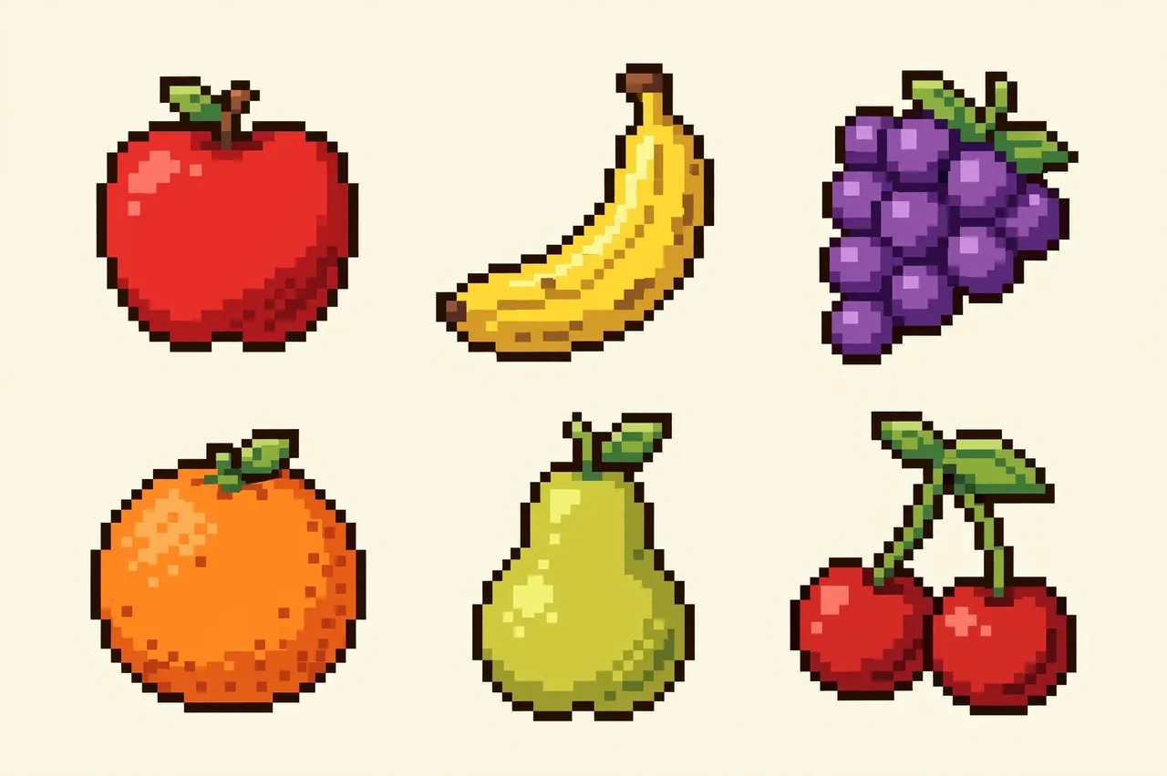 Six 16-bit pixel art fruit sprites arranged in two rows on a plain cream background