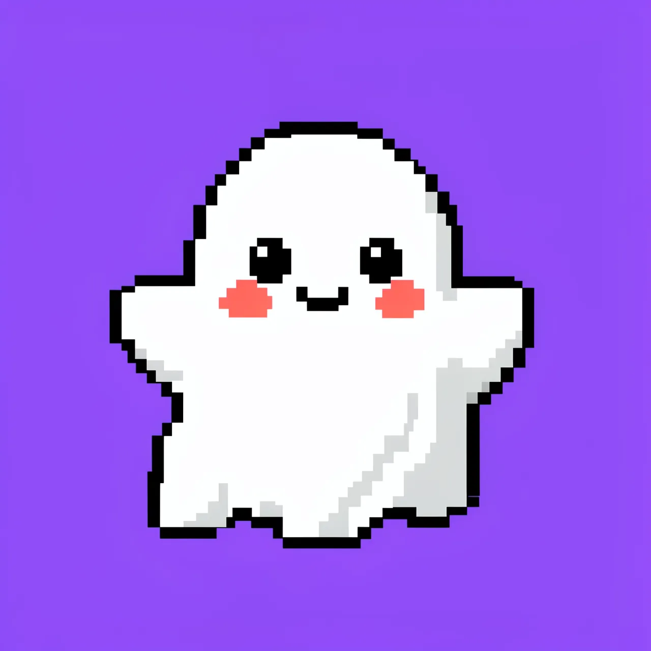 Cute 8-bit pixel art white ghost with rosy cheeks and a smile on a solid violet background