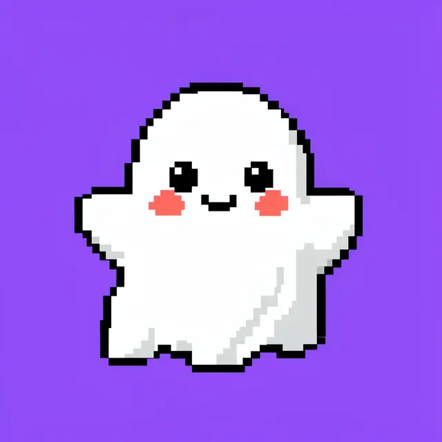 Cute 8-bit pixel art white ghost with rosy cheeks and a smile on a solid violet background