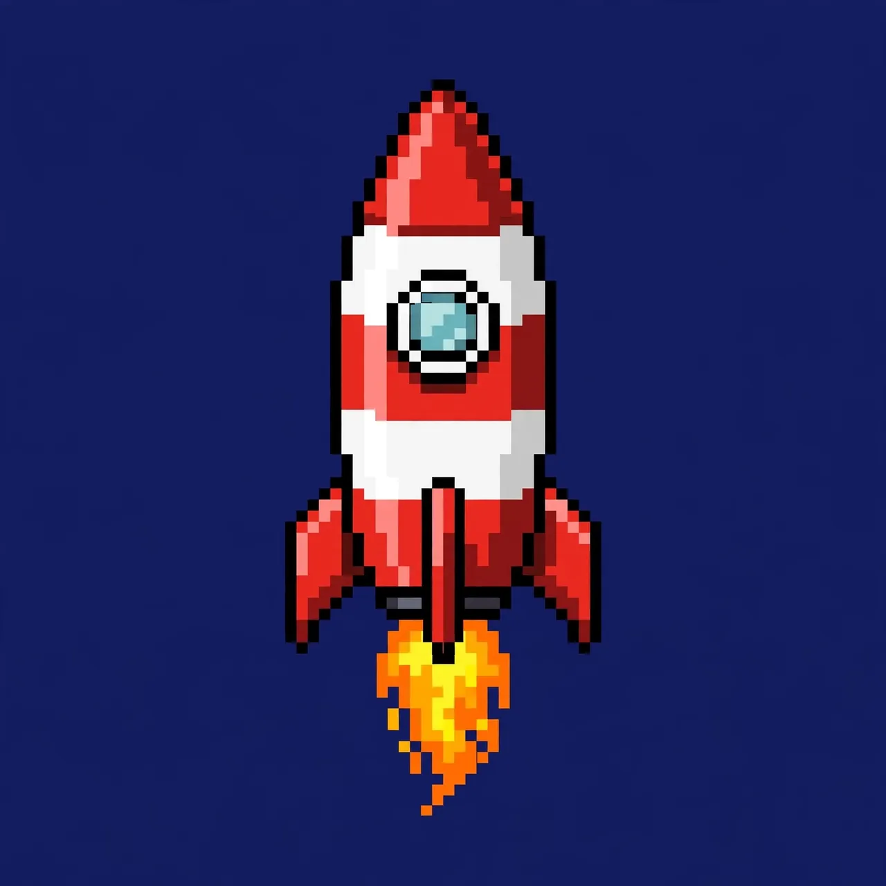 8-bit pixel art red and white rocket with a porthole and flame trail set against a solid navy blue background
