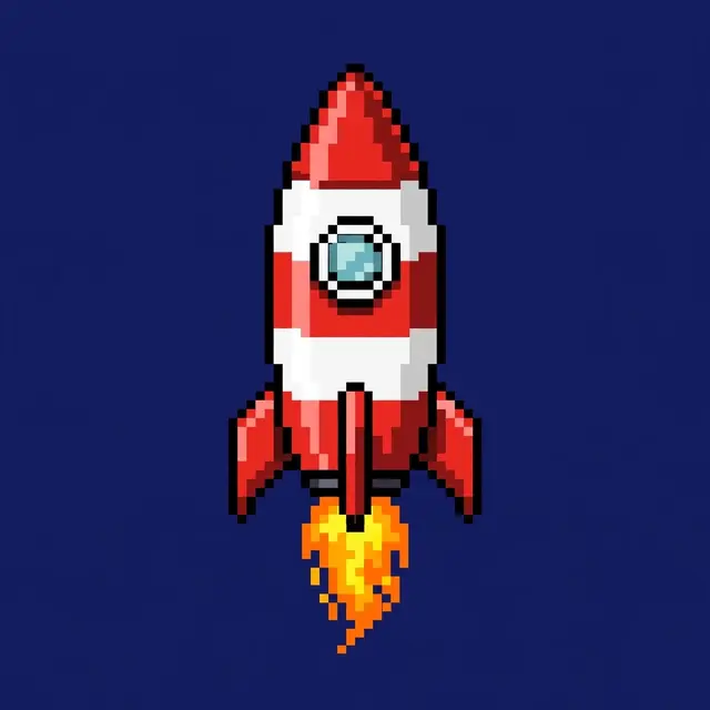 8-bit pixel art red and white rocket with a porthole and flame trail set against a solid navy blue background