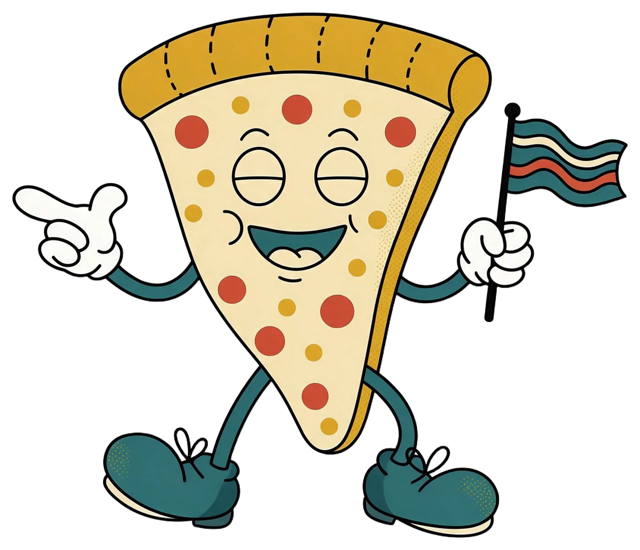 1930s rubber hose style pizza slice mascot walking while holding a small striped flag