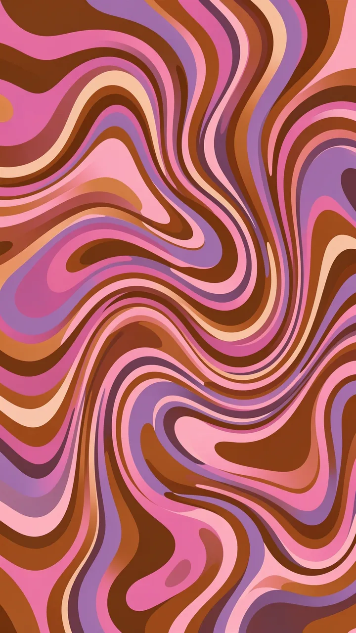 Vertical swirling 70s-style abstract pattern in rust, pink and lilac tones