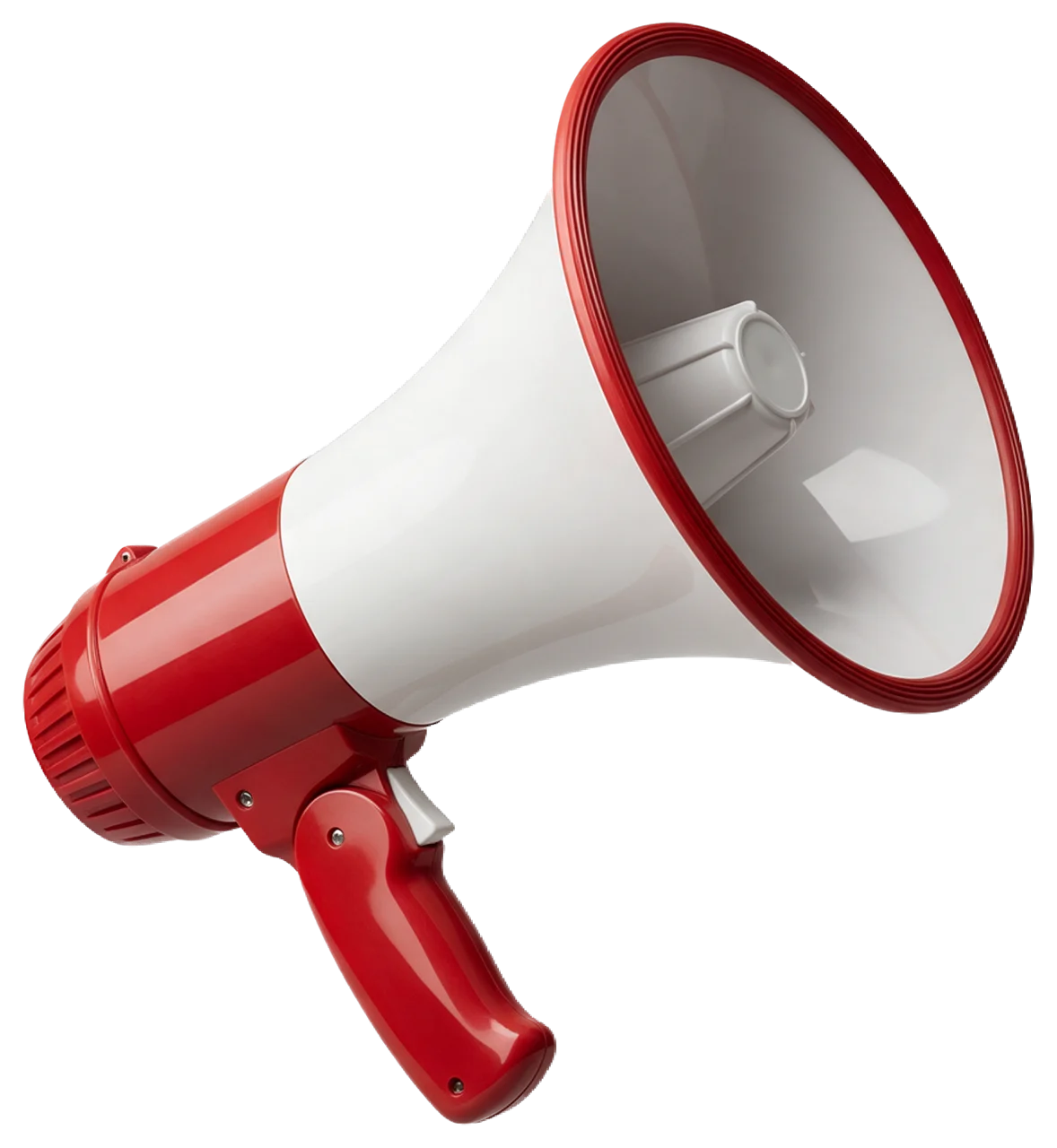 Glossy red and white retro megaphone viewed from a three-quarter angle pointing up and right