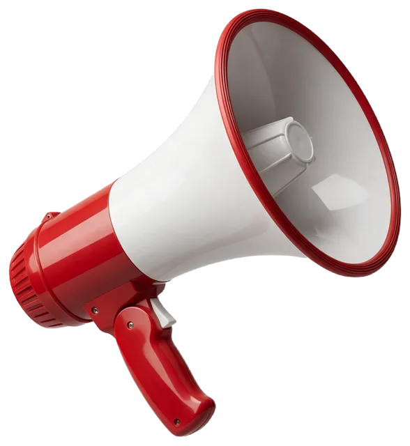 Glossy red and white retro megaphone viewed from a three-quarter angle pointing up and right