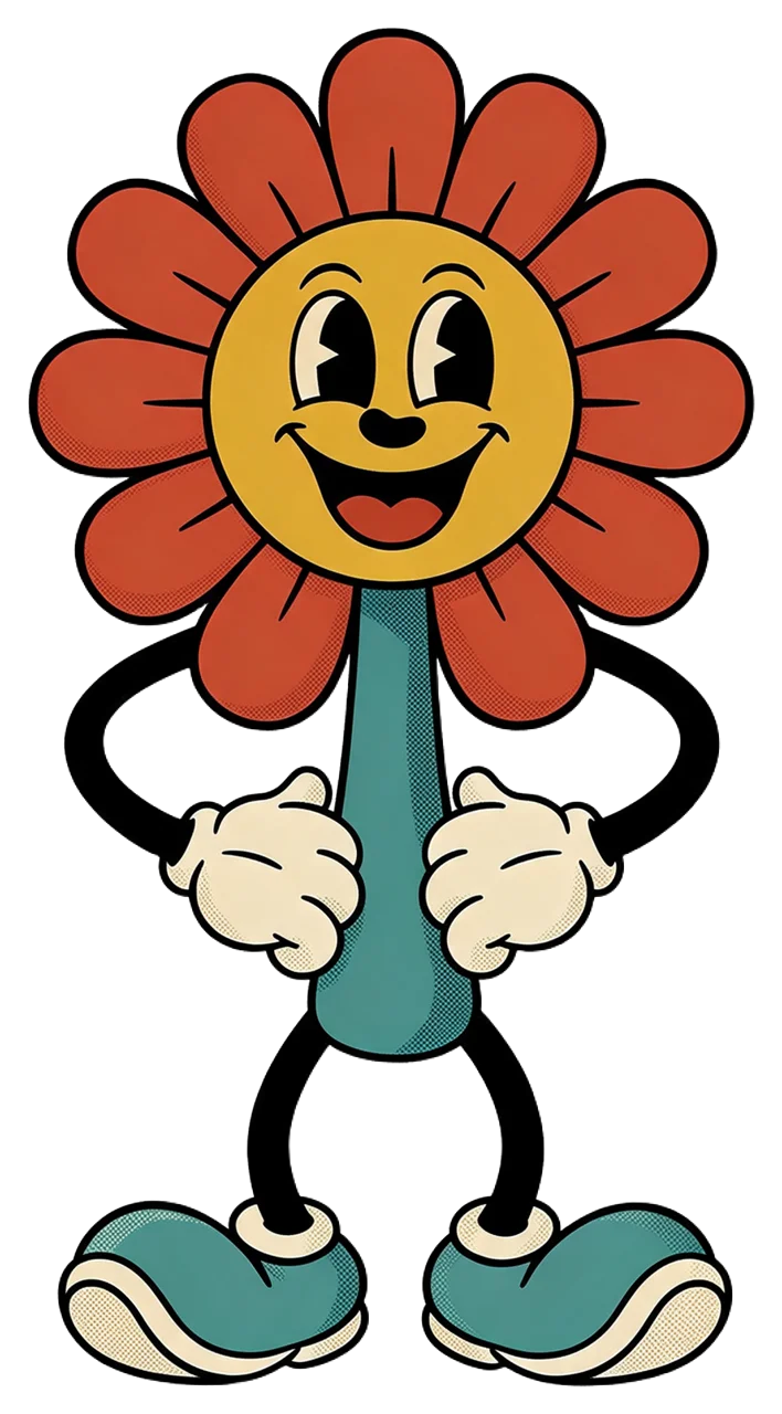 1930s rubber hose cartoon daisy mascot standing cheerfully with gloved hands on its hips