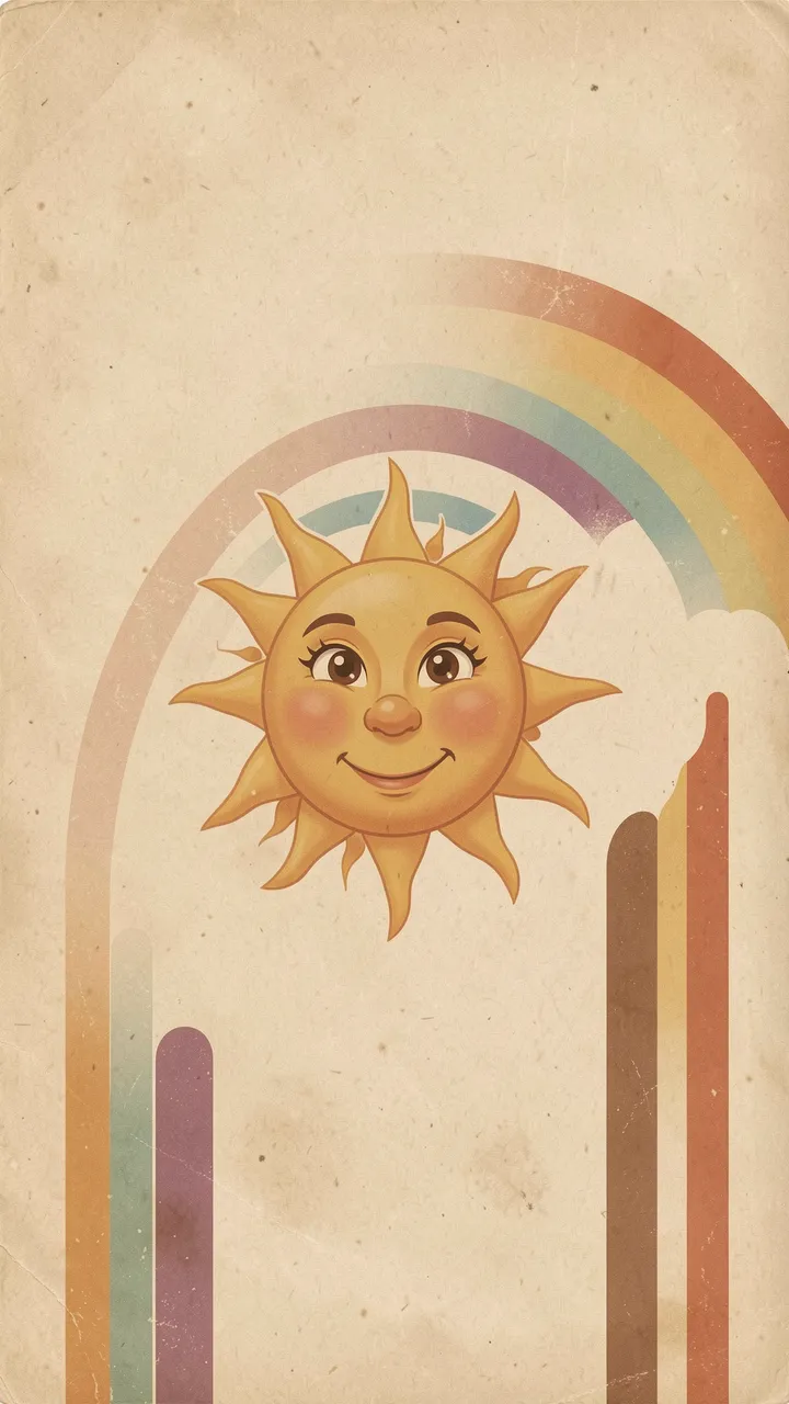 Faded 1970s style wallpaper featuring a cheerful smiling sun surrounded by layered rainbows on textured aged paper