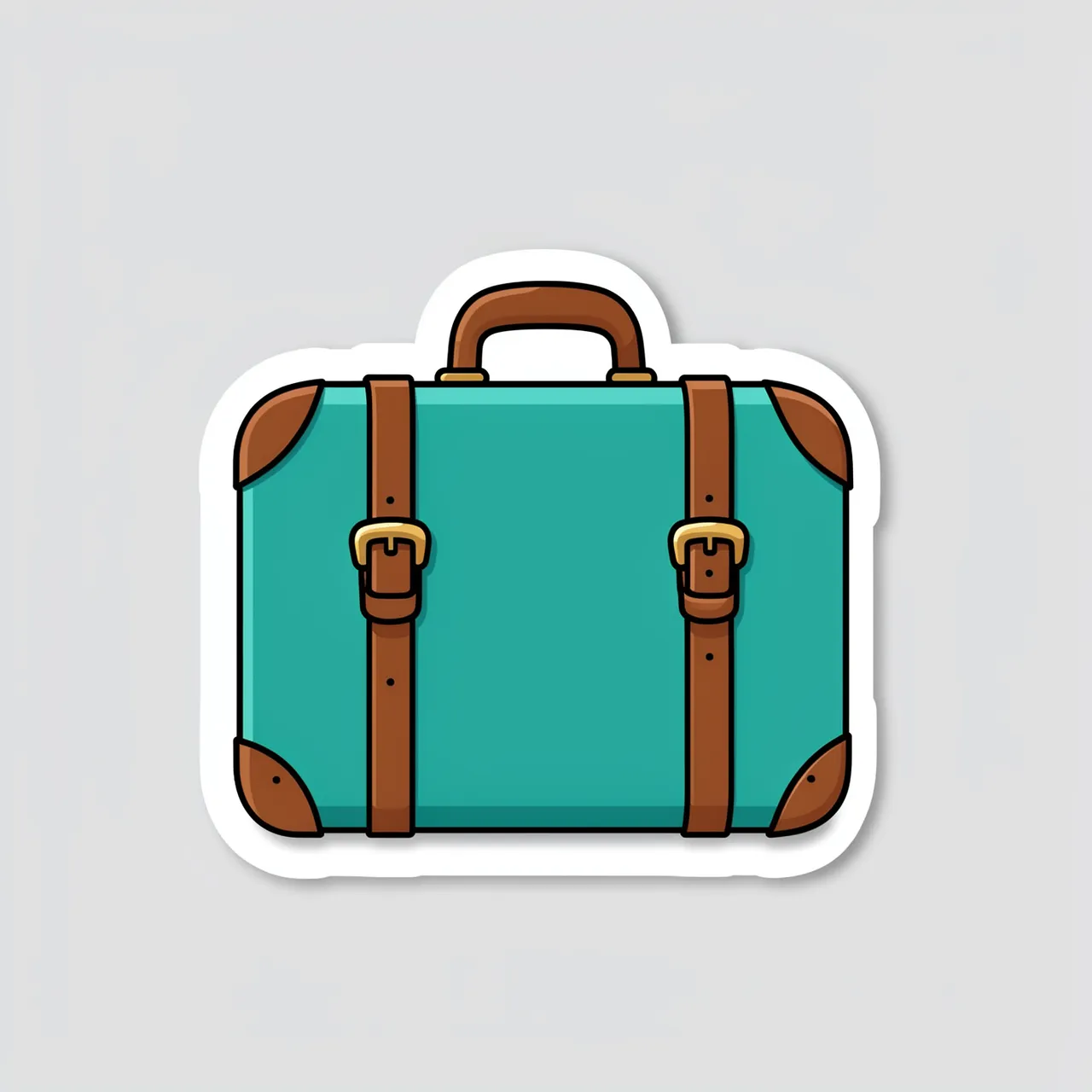 Die-cut sticker of a teal vintage suitcase with brown leather straps on a light gray background