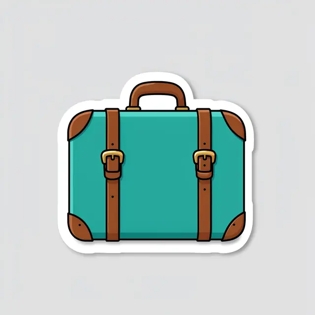Die-cut sticker of a teal vintage suitcase with brown leather straps on a light gray background