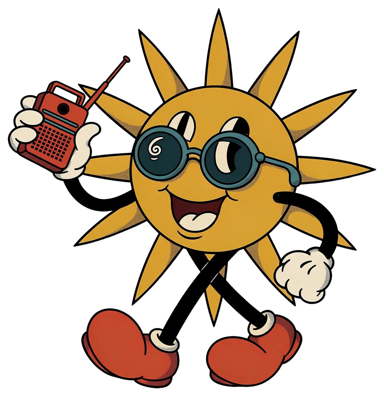 1930s rubber hose cartoon sun mascot wearing sunglasses and holding a portable radio