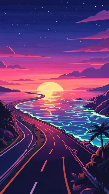Winding coastal road stretches beside a glowing neon sea under a vibrant synthwave dusk sky