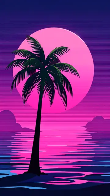 Silhouette lone palm tree stands before a giant pink sun over a gradient purple and pink sea