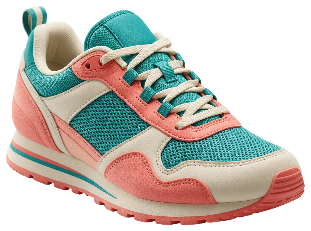 Three quarter view of a retro running shoe in teal, coral and cream coloring