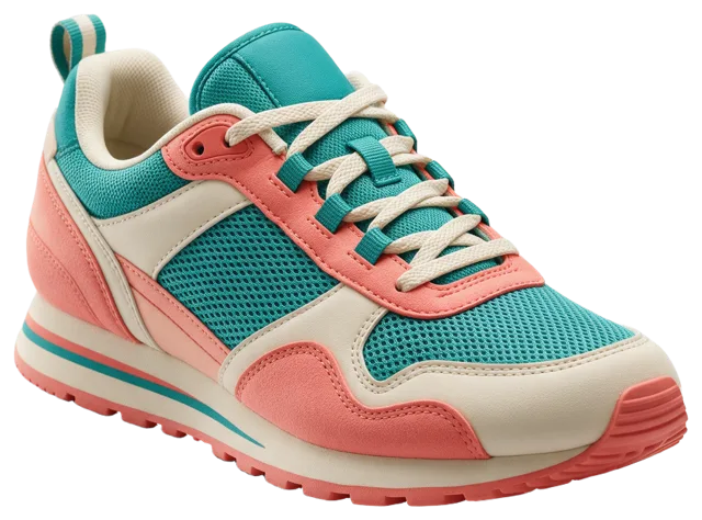 Three quarter view of a retro running shoe in teal, coral and cream coloring