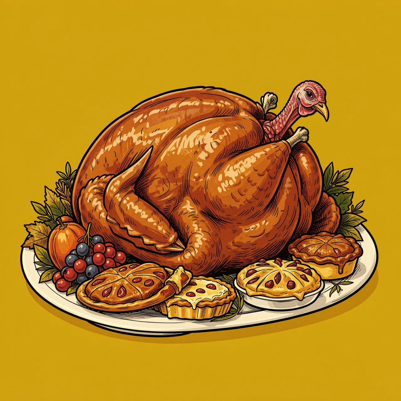 Illustrated roasted Thanksgiving turkey and holiday pies arranged on a platter against a mustard yellow background