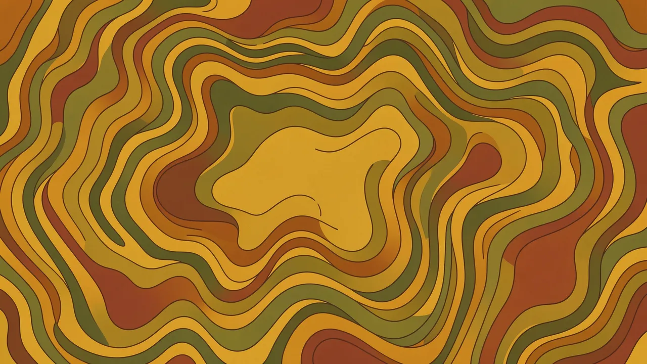 Wavy retro topographic contour bands in olive green, mustard yellow, and rust brown fill the full frame.