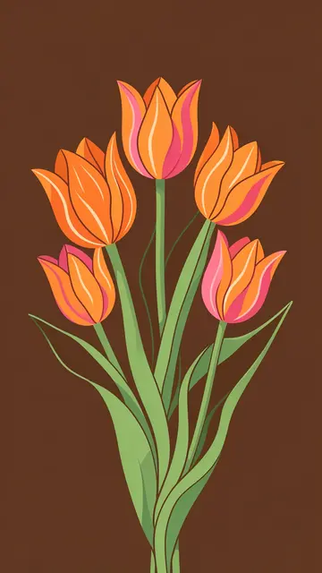 A flat 70s style illustration of orange and pink tulips arranged against a solid chocolate brown background