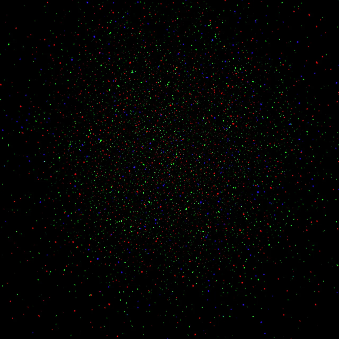 Tiny scattered red, green and blue specks of film grain cover a pure solid black background