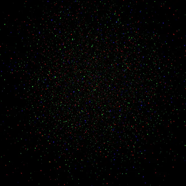 Tiny scattered red, green and blue specks of film grain cover a pure solid black background