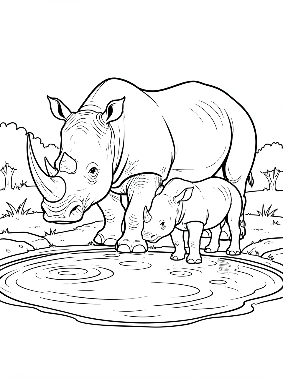 Black and white line art of an adult rhino and her calf standing at the edge of a small waterhole