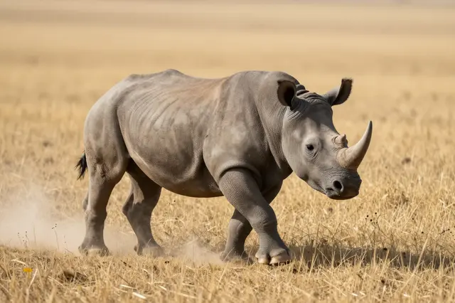 A young rhinoceros trots through dry golden savanna grass kicking up small clouds of dust