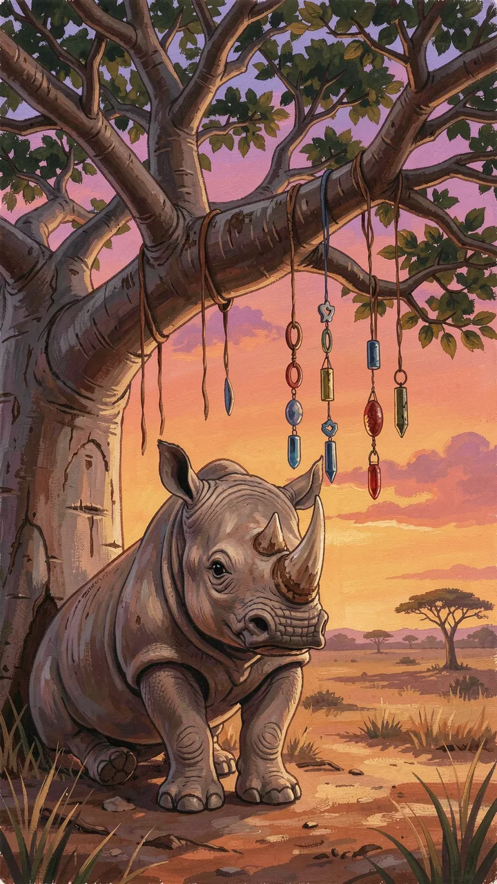 A gouache painting of a cute rhino calf sitting under a baobab with hanging beaded wind chimes at dusk over savanna