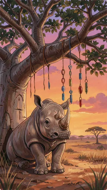A gouache painting of a cute rhino calf sitting under a baobab with hanging beaded wind chimes at dusk over savanna