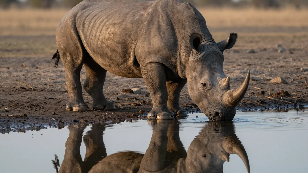 A rhinoceros with two curved horns drinks from a still waterhole, its reflection clearly visible on the water surface