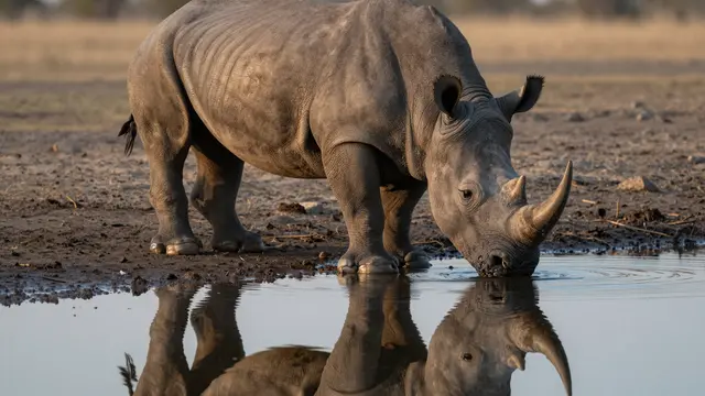 A rhinoceros with two curved horns drinks from a still waterhole, its reflection clearly visible on the water surface