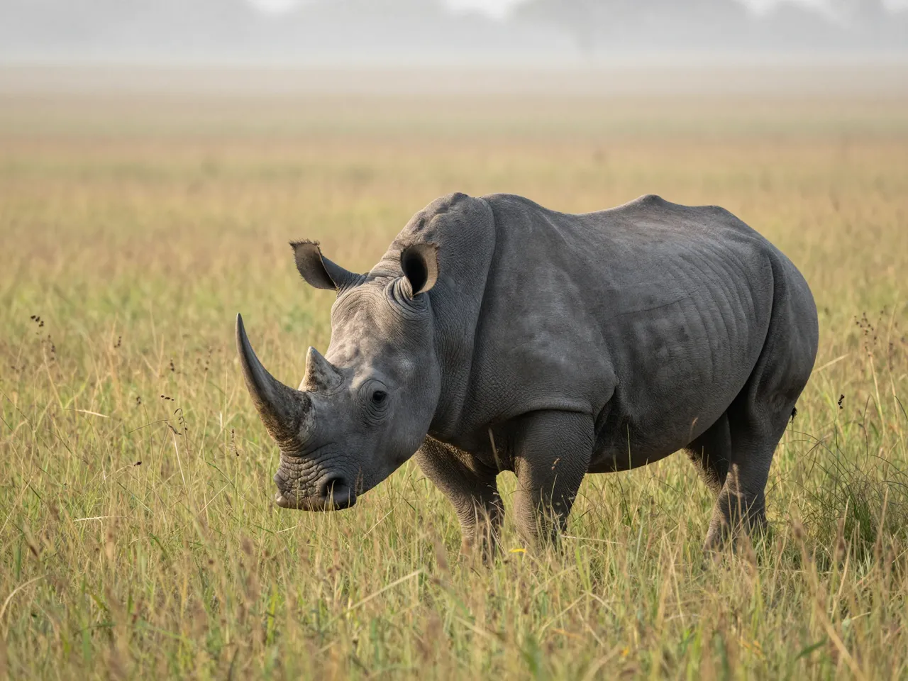 A gray rhinoceros stands in tall savannah grass beneath soft morning mist