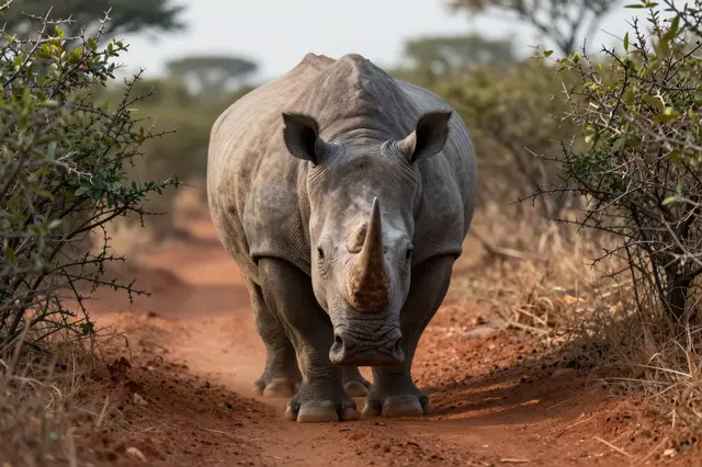 A white rhino facing the camera stands low on a red dirt track between thorn bushes in soft morning light.