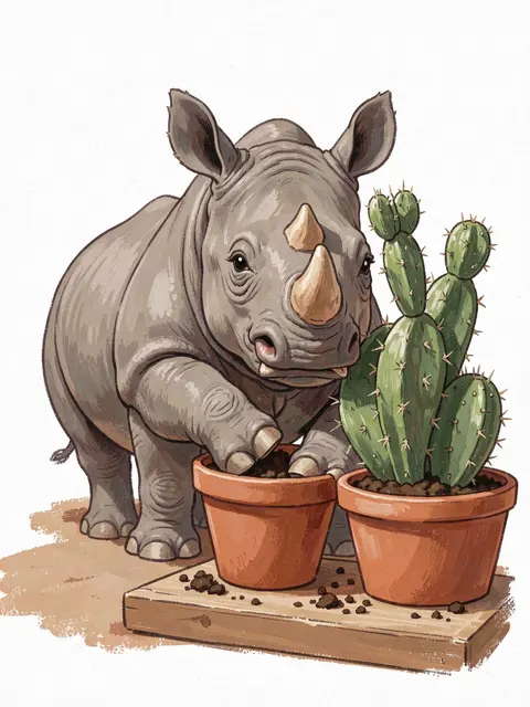 A cute illustrated rhino repotting a cactus into terracotta plant pots on a wooden tray