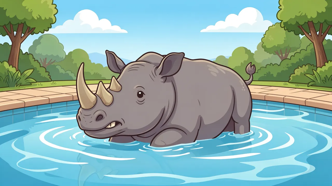 A cute illustrated rhino stands partially submerged in a sunny backyard swimming pool surrounded by green trees.