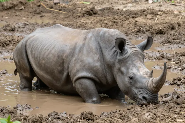 A large gray rhinoceros rests partially submerged in shallow brown mud and muddy water