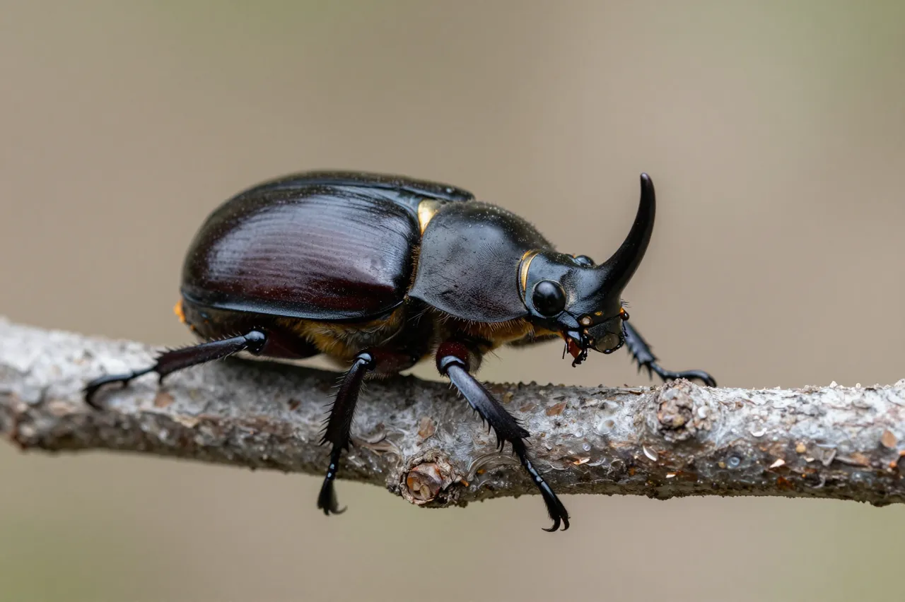 A close-up of a glossy rhinoceros beetle perched on a textured thin branch against a soft blurred background