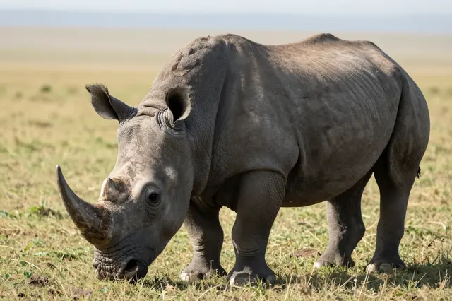 A grey rhinoceros lowers its head to graze on open savanna grassland under bright natural light.