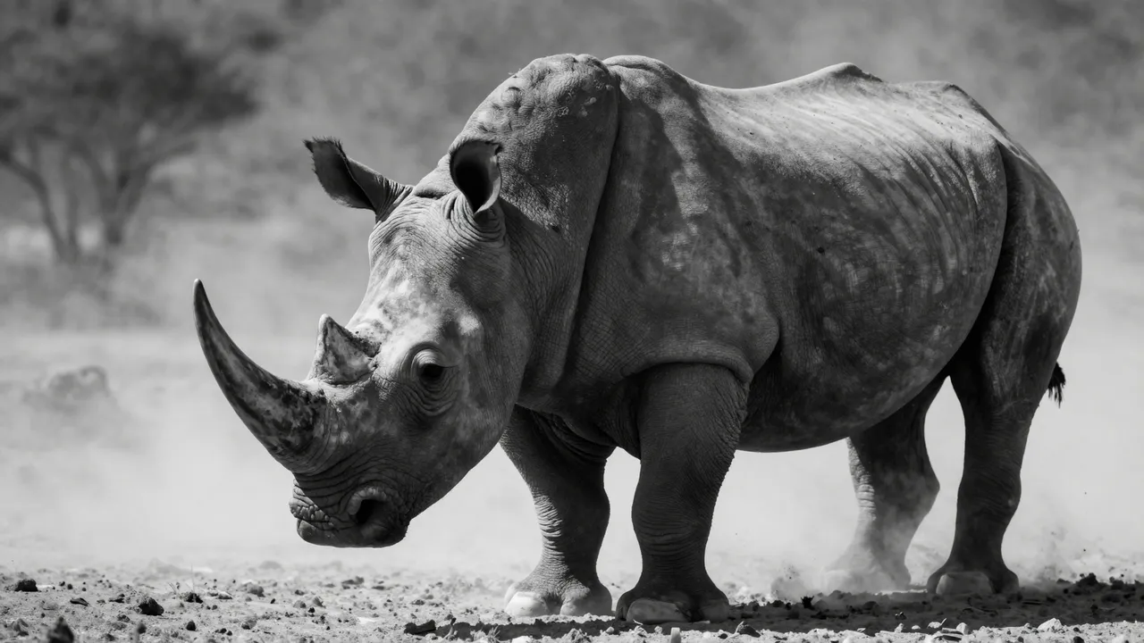 Black and white side view of a rhinoceros standing in swirling dust under harsh bright sun