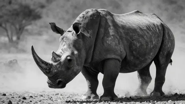 Black and white side view of a rhinoceros standing in swirling dust under harsh bright sun