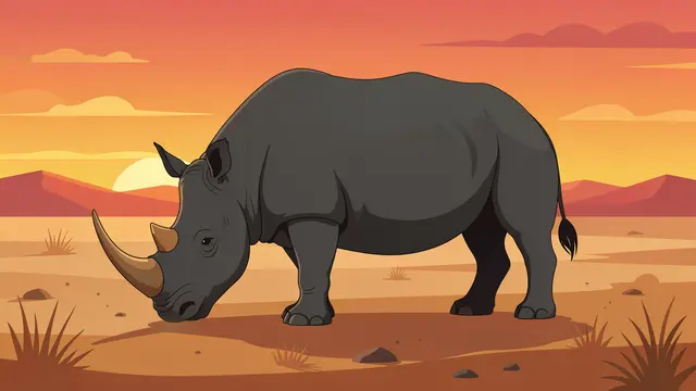 A flat vector illustration of a rhinoceros standing on a dusty arid plain during a warm orange and red sunset