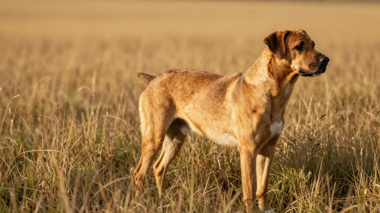 A light tan Rhodesian Ridgeback stands in side view in tall golden grass at warm sunset