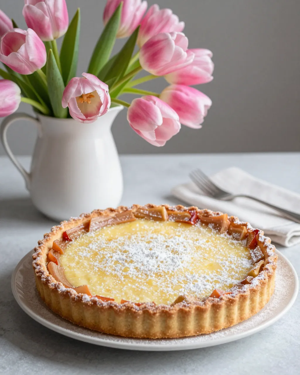 Iced rhubarb custard tart sits beside a jug of pink tulips on a sunlit table
