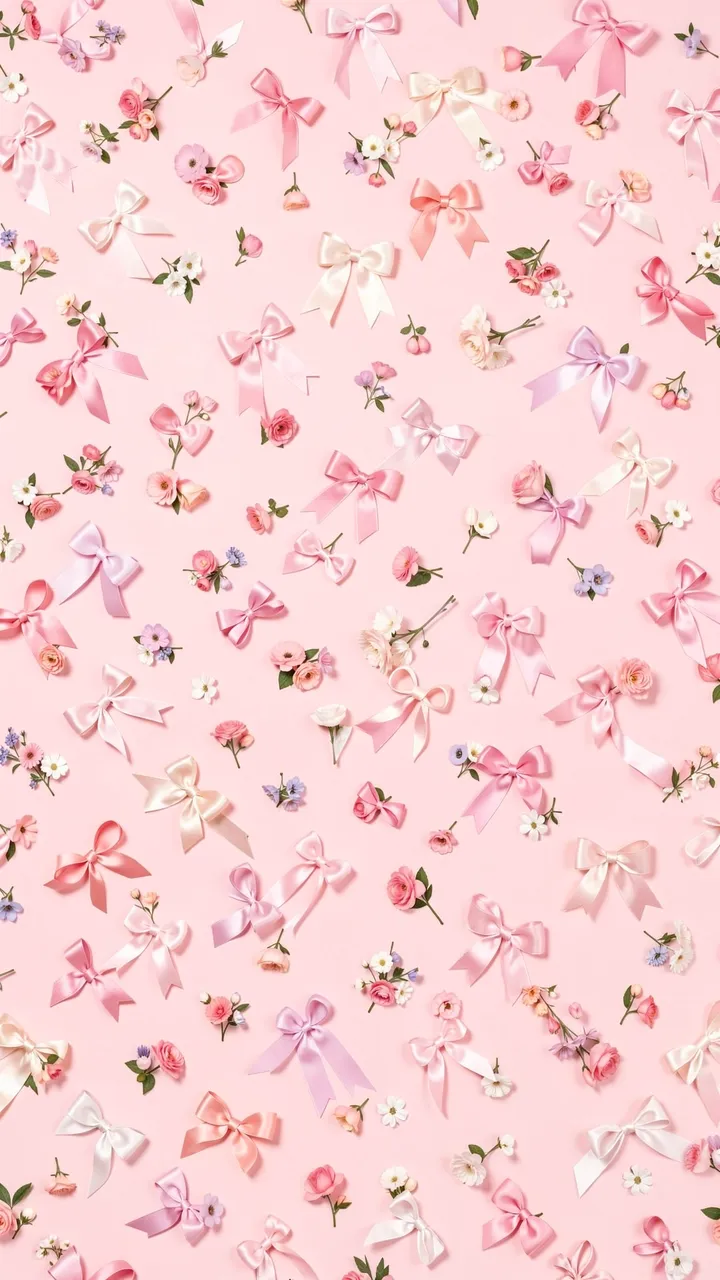 Scattered satin ribbon bows and tiny delicate flowers arranged across a soft pale pink background