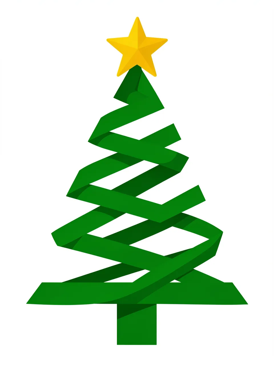 Stylized Christmas tree made of a twisted green ribbon topped with a yellow star on a plain white background